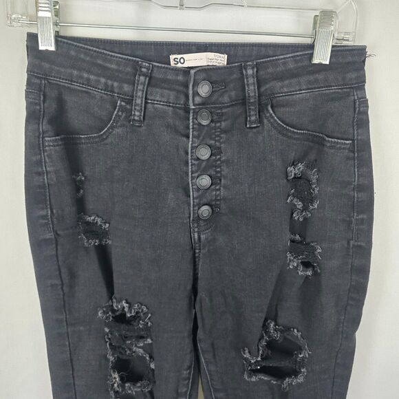 SO Jegging Juniors 7 / 28 Black Super High Rise Curvy Destroyed Button - Picture 2 of 16